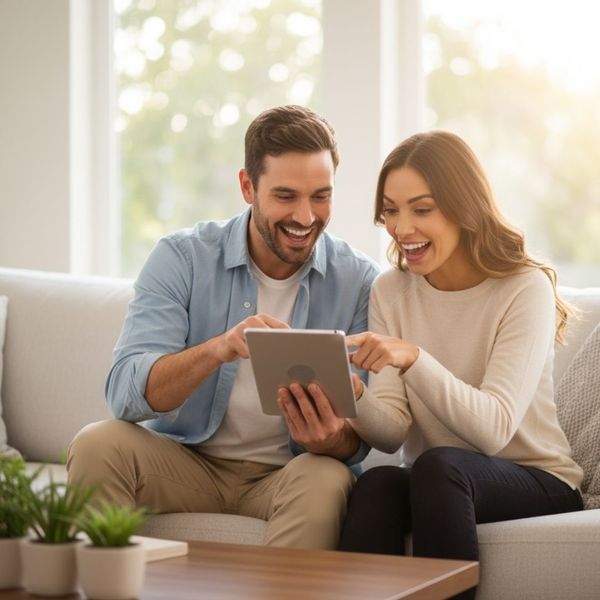 a couple smiling while looking at a real estate listing on a tablet together on a couch in a modern California home.