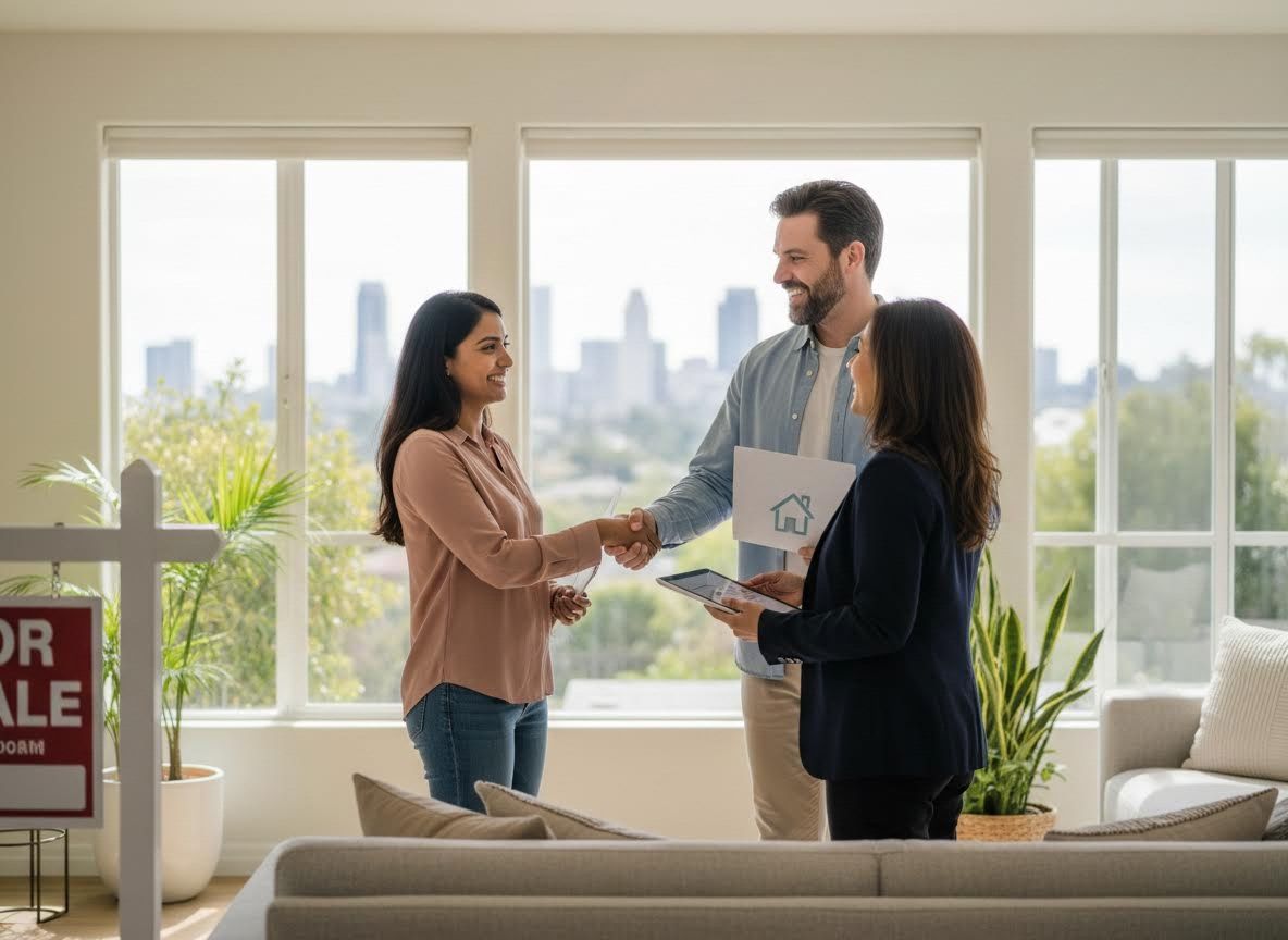 Real estate agent shaking hands with a new homeowner