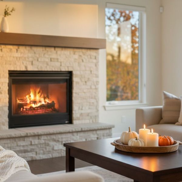 cozy, elegant living room with a fireplace lit, and there are tasteful fall decorations, such as small pumpkins and a soft throw blanket on a sofa