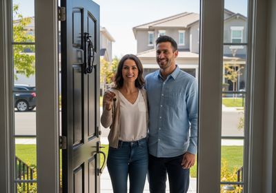 A smiling couple stands in the doorway of their new home, holding the keys. The woman wears jeans, a white shirt, and a cardigan, while the man wears a blue button-down shirt and dark pants. The door is open, revealing a view of the suburban street outside. Couple Holding Keys to New Home