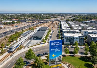 Aerial View of Public Transit and New Housing Development in Santa Clara County