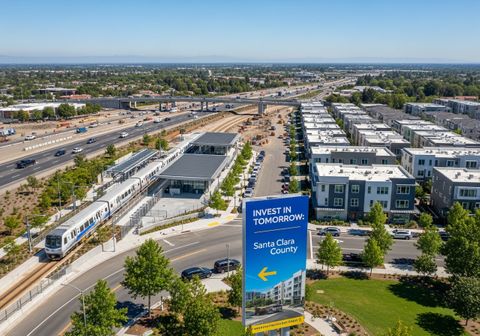Aerial View of Public Transit and New Housing Development in Santa Clara County
