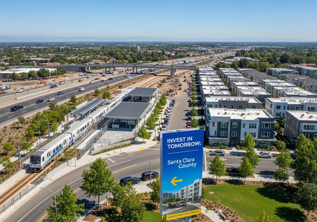 Aerial View of Public Transit and New Housing Development in Santa Clara County