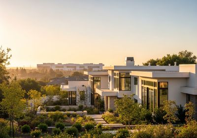 A modern, white home is captured at sunset, showcasing its large windows and clean lines, surrounded by a lush garden with various plants and shrubs. In the background, a cityscape silhouette adds depth to the view under a soft, golden sky. Modern Home with Scenic Vista at Sunset