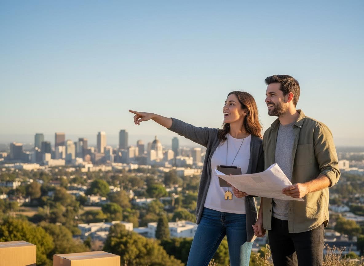 Happy couple with blueprints overlooking city planning future