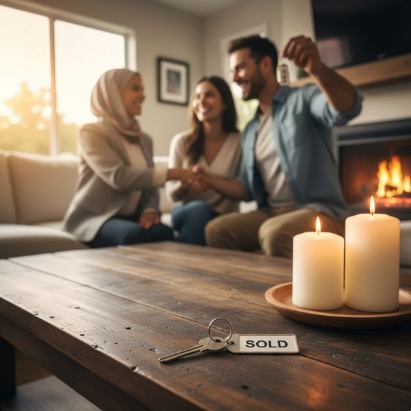 a house key on a coffee table with a "Sold" tag attached to it.