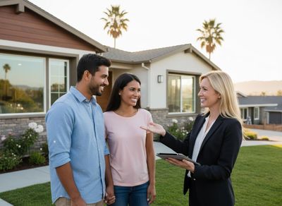 A smiling real estate agent gestures to a diverse couple holding hands, standing on a green lawn in front of a modern house. Real estate agent showing a house to a happy couple
