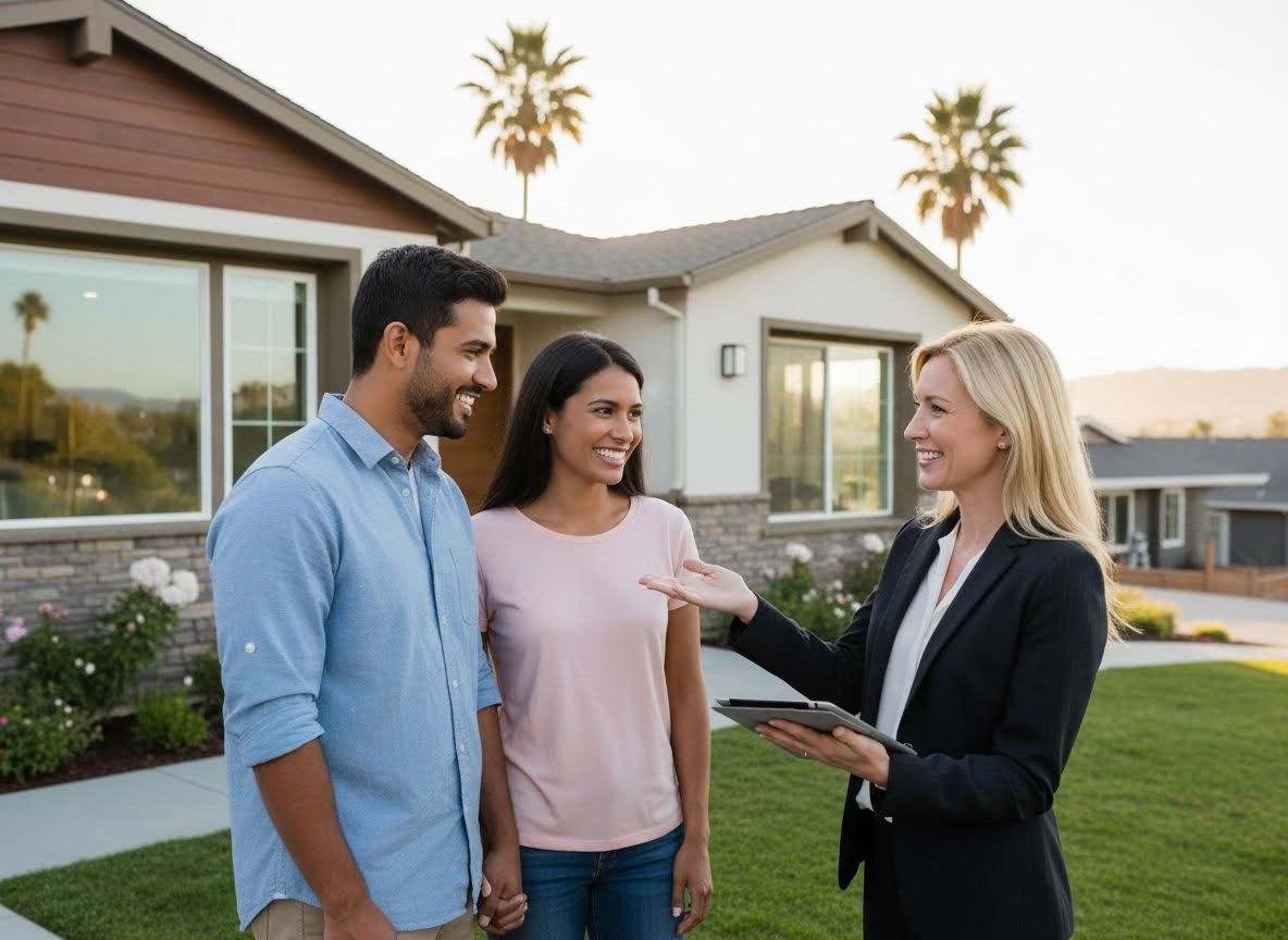 Real estate agent showing a house to a happy couple