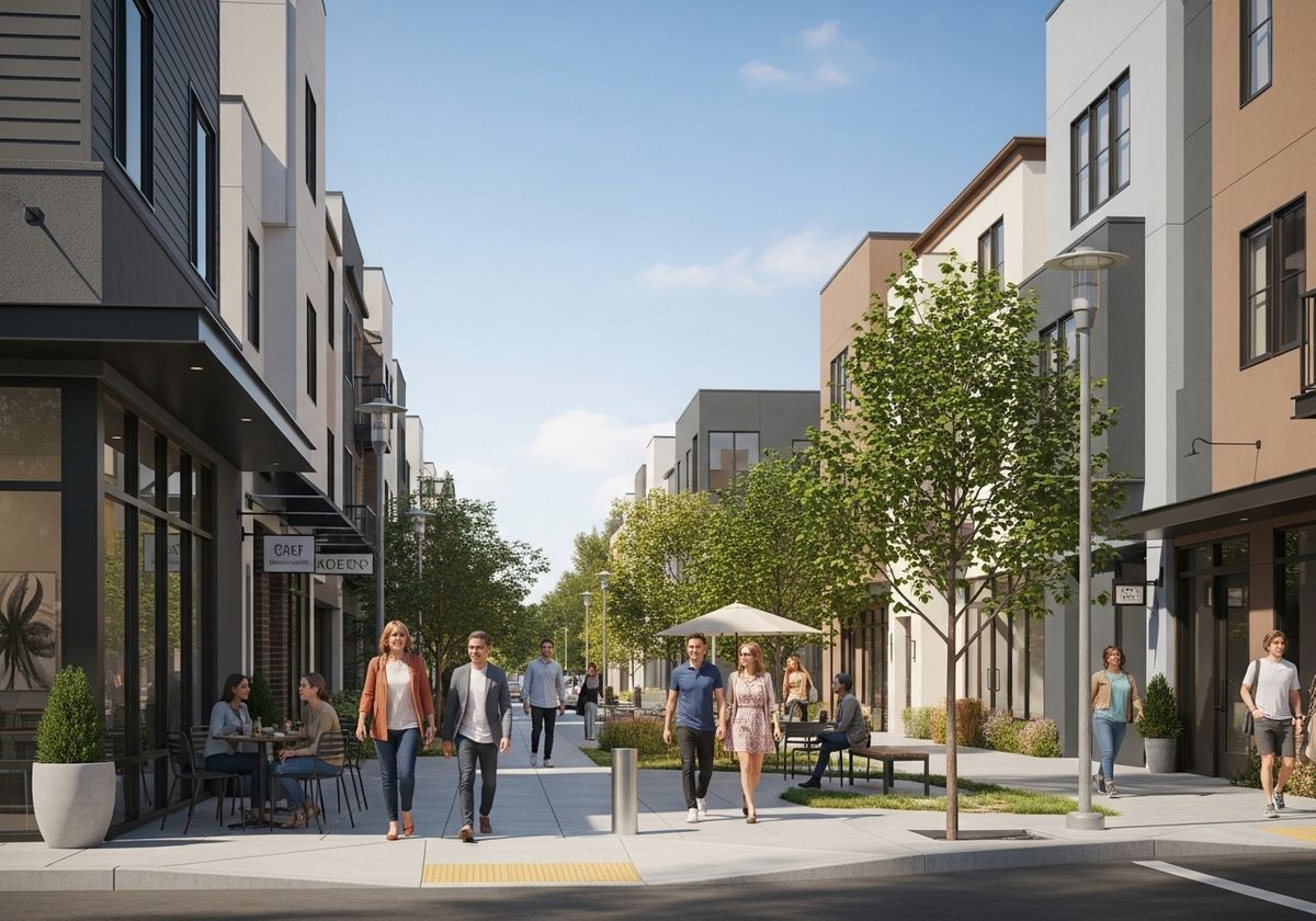 Bustling Pedestrian Street with Modern Architecture