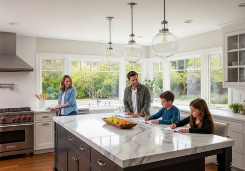 Family Doing Homework in Bright Kitchen