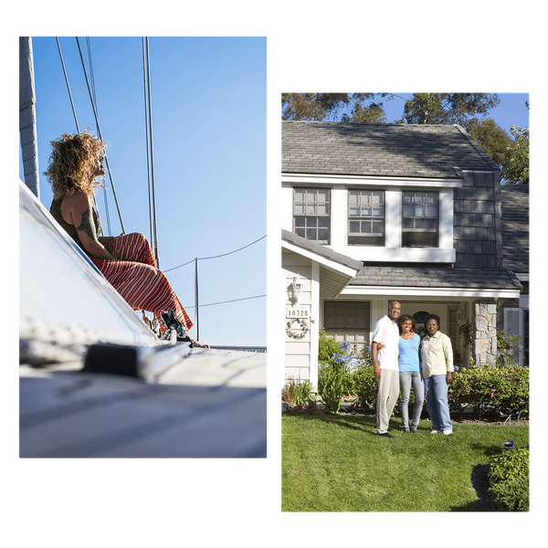 Woman on boat and family in front of their home