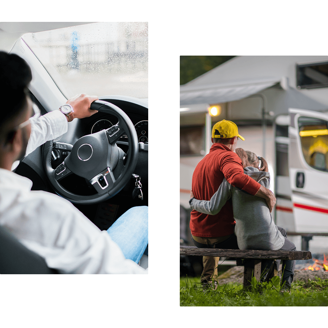 Man driving car and couple outside their rv