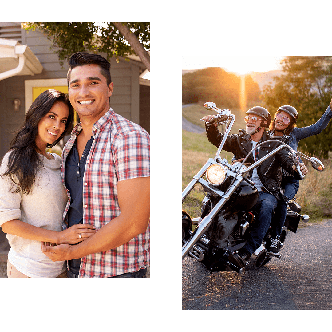 Couple in front of their home and couple on a motorcycle