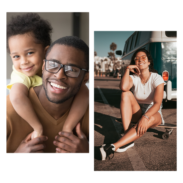 Man with his child, woman in front of a camper van