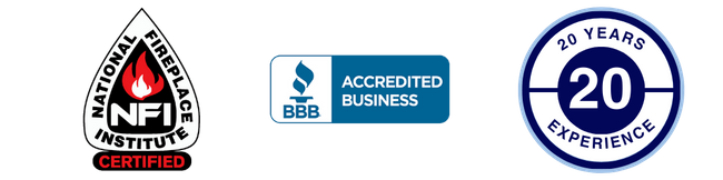 20 years experience, national fireplace institute, BBB accredited business