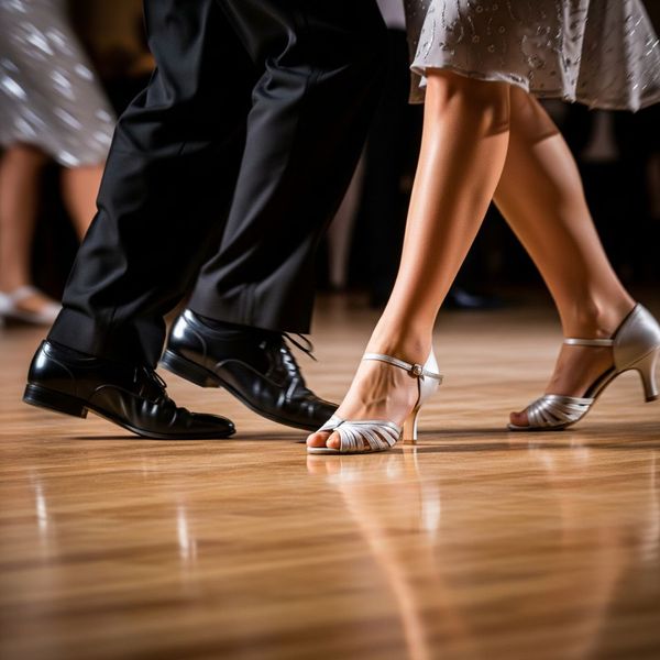 A close-up of a couple's feet as they dance the foxtrot.