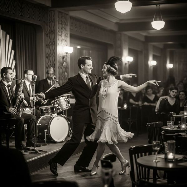 A black and white photo of a couple dancing in a 1920s jazz club.