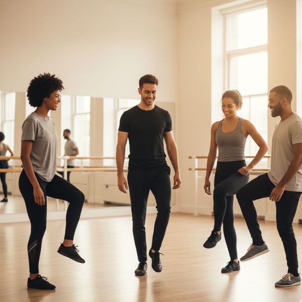 adult students practicing dance steps in a bright studio