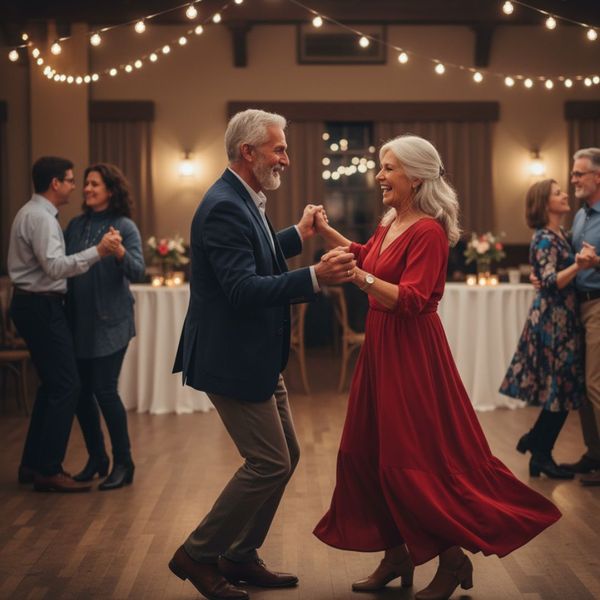 An older couple smiles as they dance at a festive social gathering.