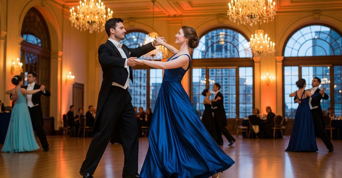 A couple dancing the foxtrot in a ballroom.