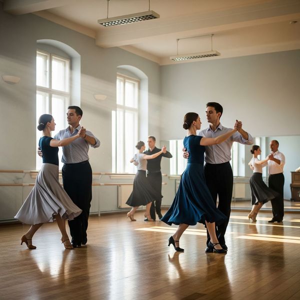 A few couples practicing the foxtrot in a bright dance studio.