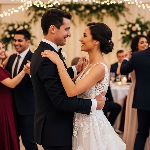 A bride and groom dancing the foxtrot at their wedding reception.