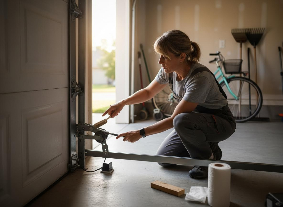 Woman Adjusting Garage Door Mechanism