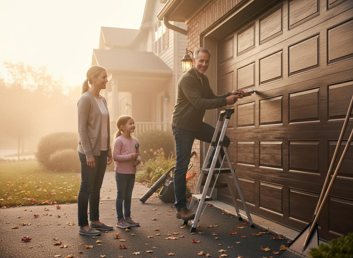 Family repairing garage door