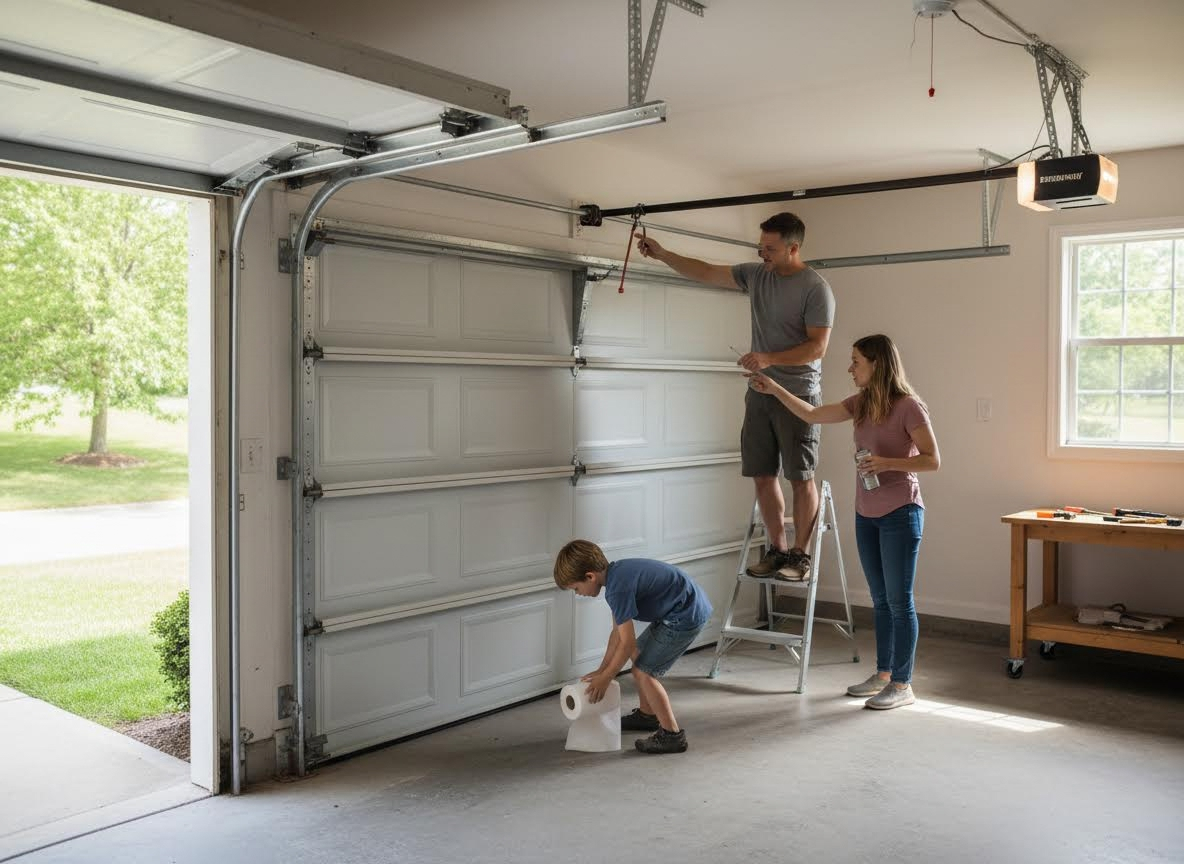 Family performing maintenance on a garage door