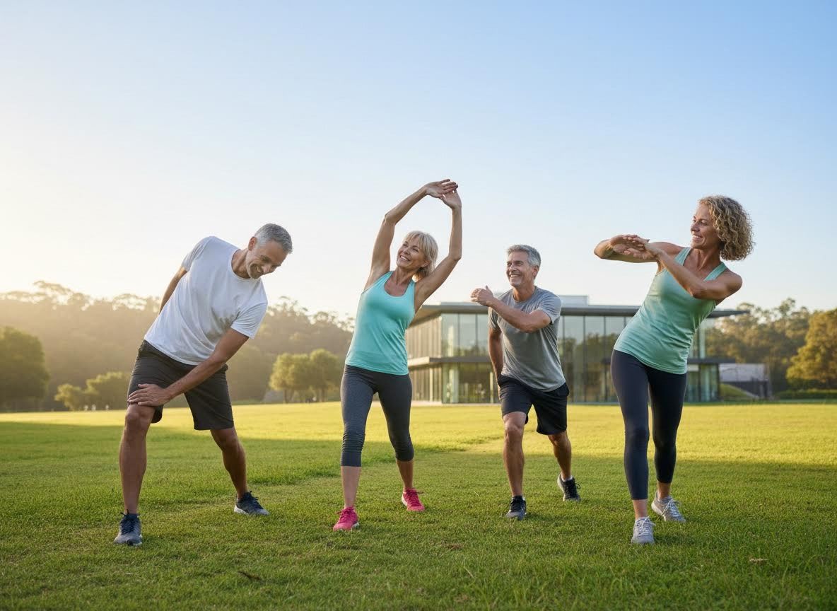 Group of adults stretching outdoors