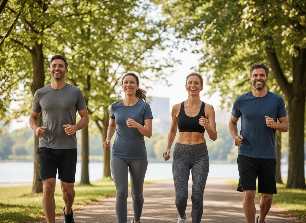 Four smiling adults jogging outdoors on a sunny day