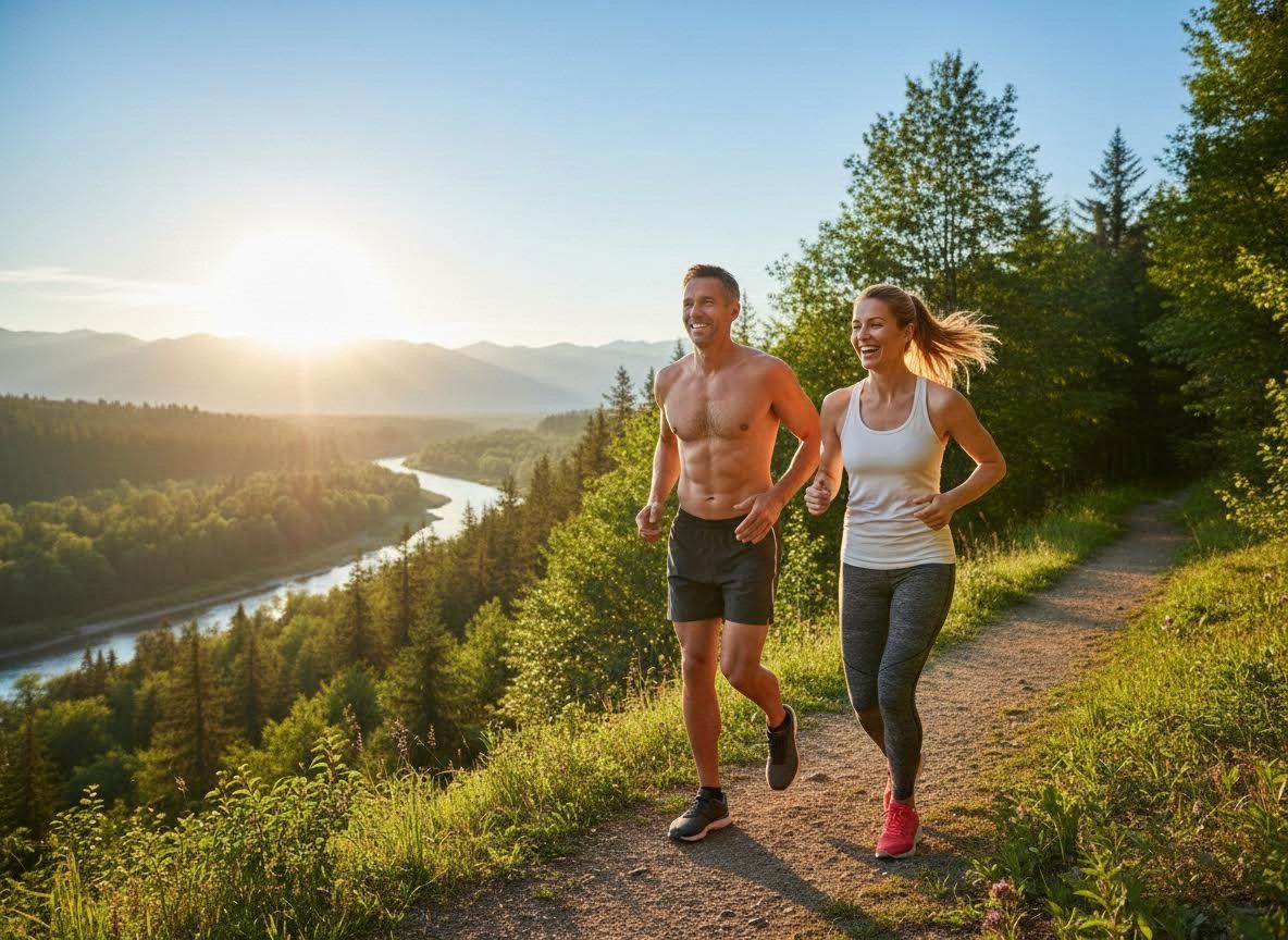 Couple Trail Running at Sunrise in a Mountain Landscape