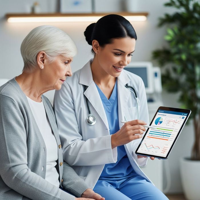 A female doctor and a female patient reviewing a personalized treatment plan on a tablet, conveying a sense of care and collaboration.