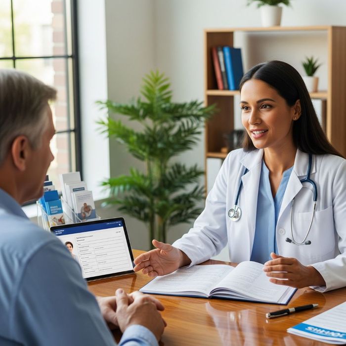 A caring female doctor and a male patient discussing health in a professional clinic setting. A caring female doctor and a male patient discussing health in a professional clinic setting.