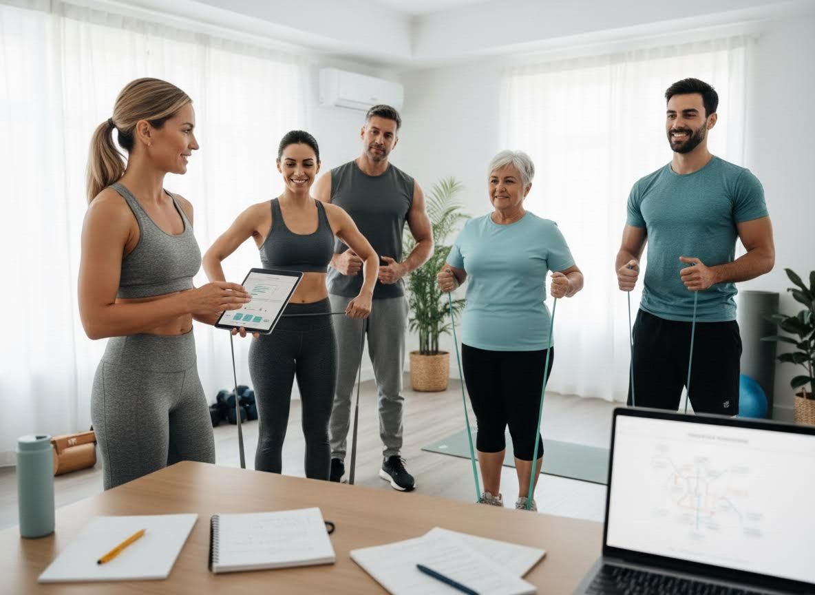 Group Fitness Training with Instructor and Tablet