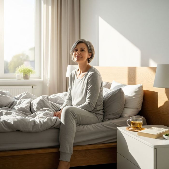 A person looking peaceful and well-rested in a bright, modern bedroom, representing the improved sleep quality and mental clarity benefits of hormone replacement therapy. A person looking peaceful and well-rested in a bright, modern bedroom, representing the improved sleep quality and mental clarity benefits of hormone replacement therapy.