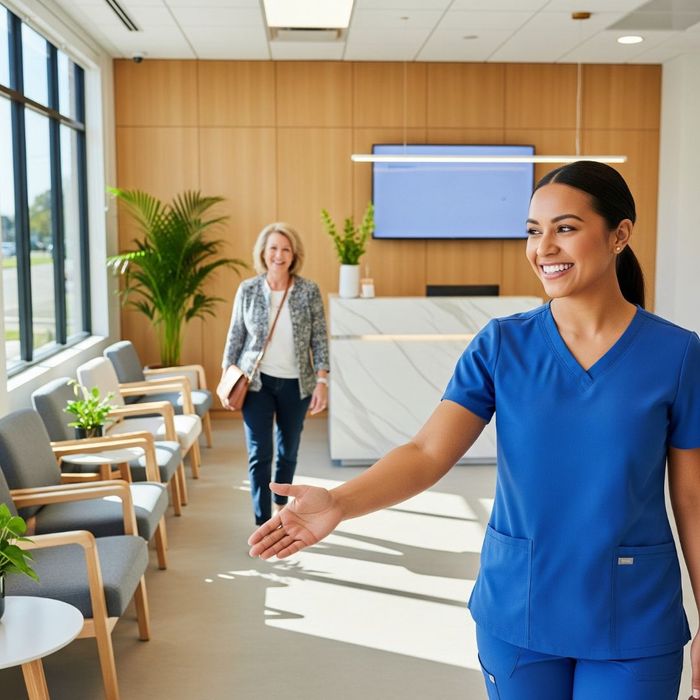 A compassionate medical team member smiling and welcoming a patient into a modern and bright clinic waiting area.
