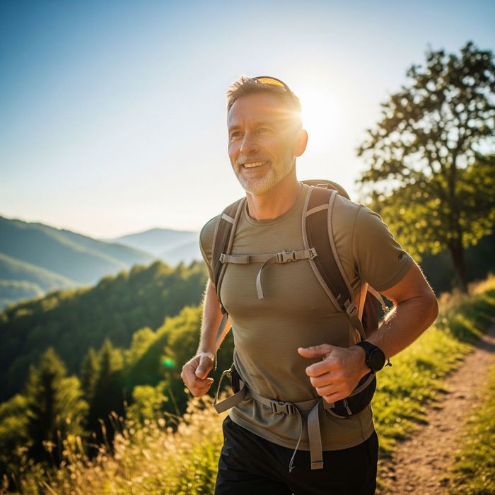 An active man in his 50s hiking outdoors on a sunny day, representing the benefits of testosterone replacement therapy. An active man in his 50s hiking outdoors on a sunny day, representing the benefits of testosterone replacement therapy.