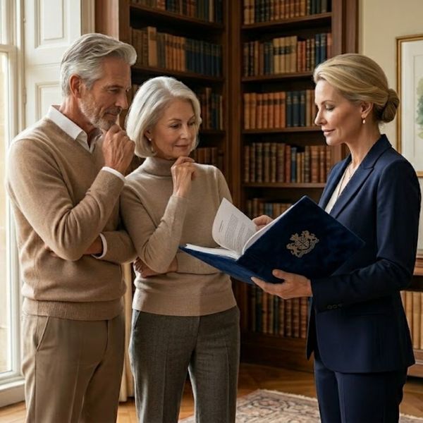 partner in client's study reviewing estate documents 