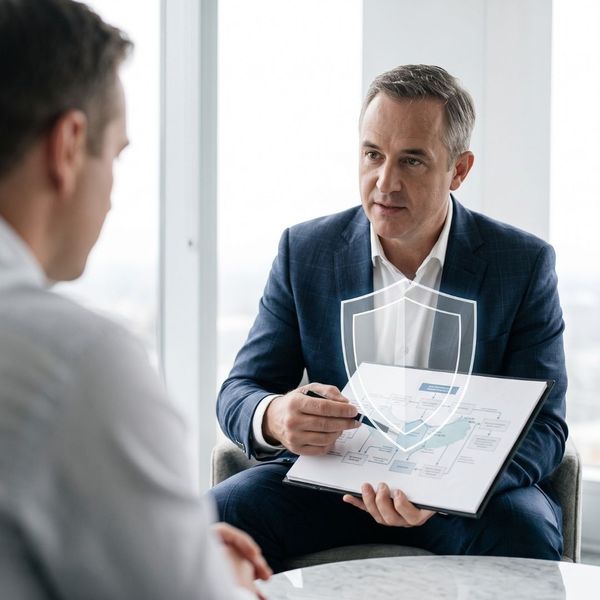 An advisor's hand is shown highlighting a crucial clause in a complex private client insurance document for careful analysis.