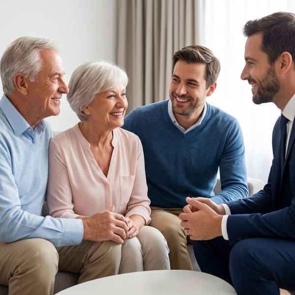 An advisor meets with two generations of a family in a warm, sophisticated setting to discuss legacy wealth preservation. An advisor meets with two generations of a family in a warm, sophisticated setting to discuss legacy wealth preservation.