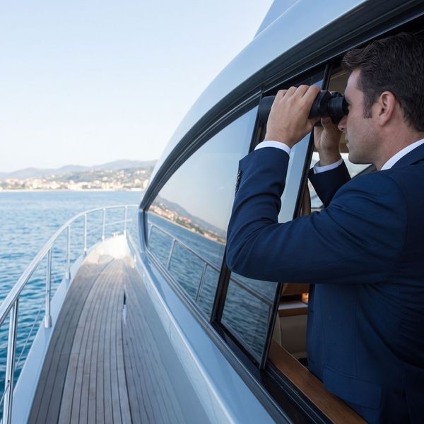 An advisor uses binoculars on a yacht, scanning the horizon, representing proactive risk assessment and foresight. An advisor uses binoculars on a yacht, scanning the horizon, representing proactive risk assessment and foresight.