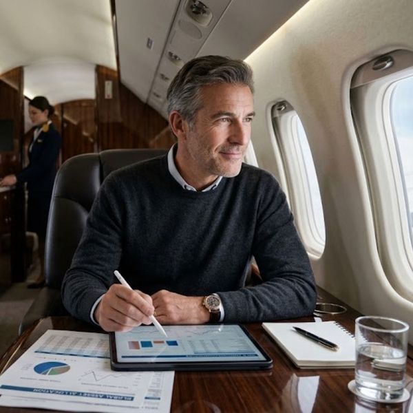 man on a private plane reviewing portfolio