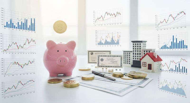 Diverse investment options including charts, piggy bank, stocks, and real estate symbols.