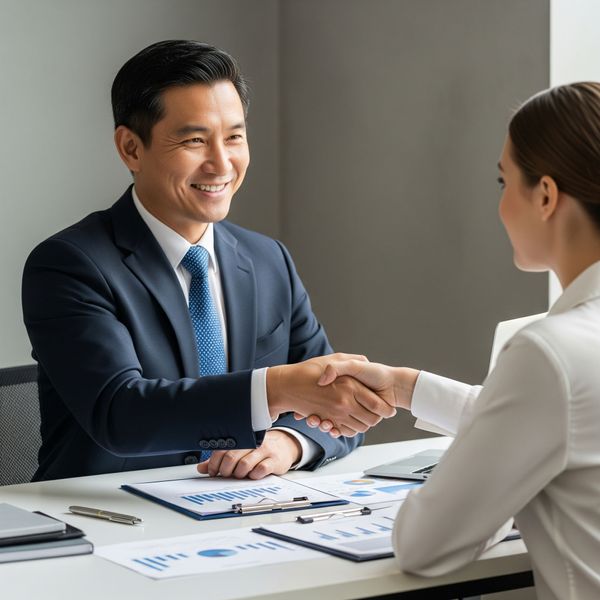Professional image of two people, one an advisor and one a client, shaking hands across a desk with financial documents, symbolizing partnership. Professional image of two people, one an advisor and one a client, shaking hands across a desk with financial documents, symbolizing partnership.