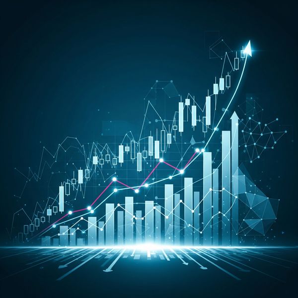 Upward trending graphs and abstract digital elements representing stock market investments. Upward trending graphs and abstract digital elements representing stock market investments.