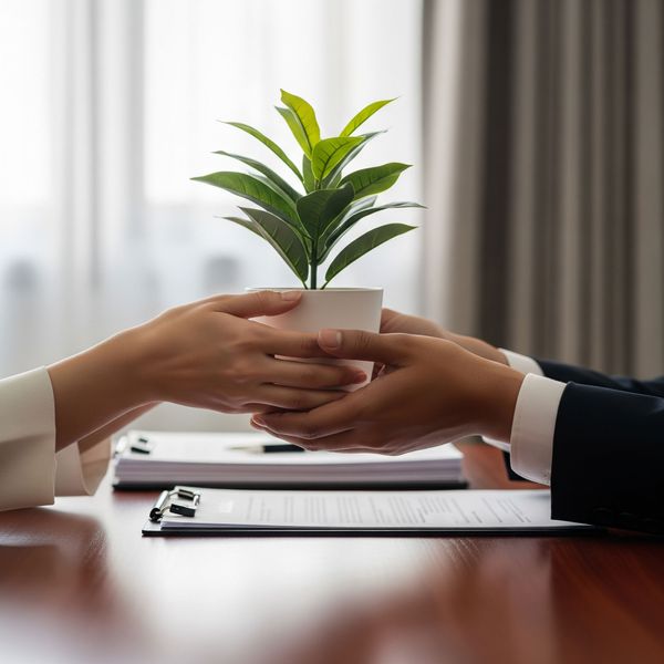 Professional image of hands exchanging a small plant, symbolizing growth and transfer, with legal documents subtly in the background. Professional image of hands exchanging a small plant, symbolizing growth and transfer, with legal documents subtly in the background.