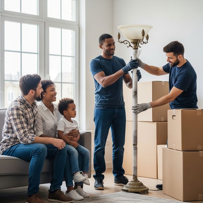 movers and a family in a room