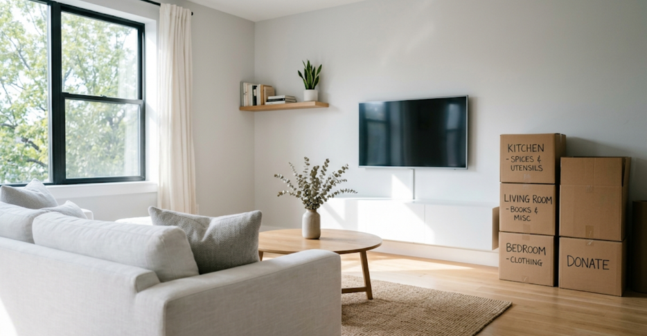 A bright, decluttered modern living room with pristine hardwood floors and organized moving boxes stacked neatly in the corner. Get Organized Practical Tips for Decluttering Before Your Move - Hero.png