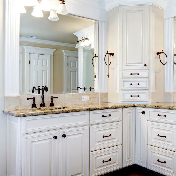 a bathroom with all white cabinets